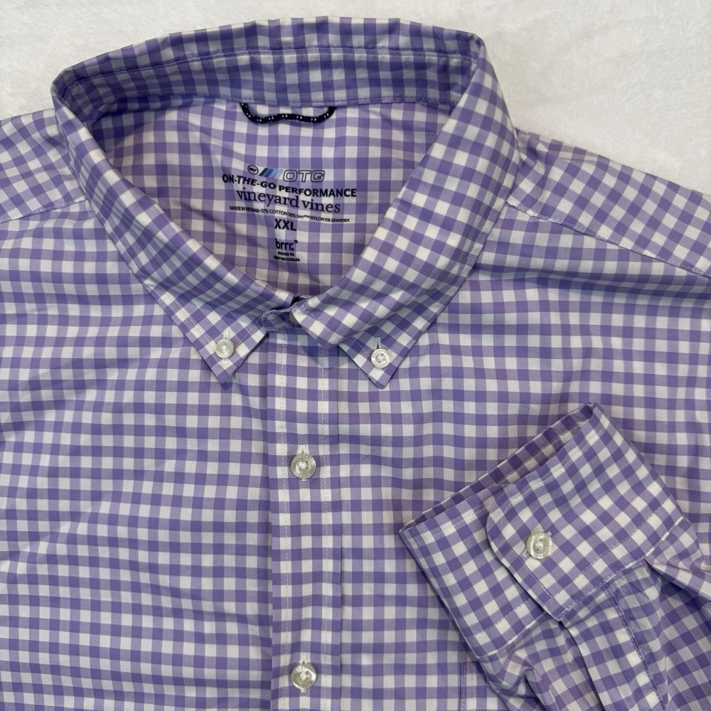 Vineyard Vines OTG Performance Gingham Shirt Purple White Mens XXL brrr Stretch
